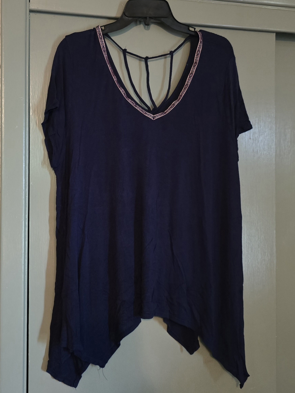 Navy V-Neck Short Sleeve Tunic with Back Strap Detail